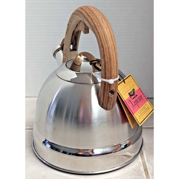 Lepicure Whistling Tea Kettle Silver Stainless Steel Wood Pattern Handle Gift - Picture 5 of 9